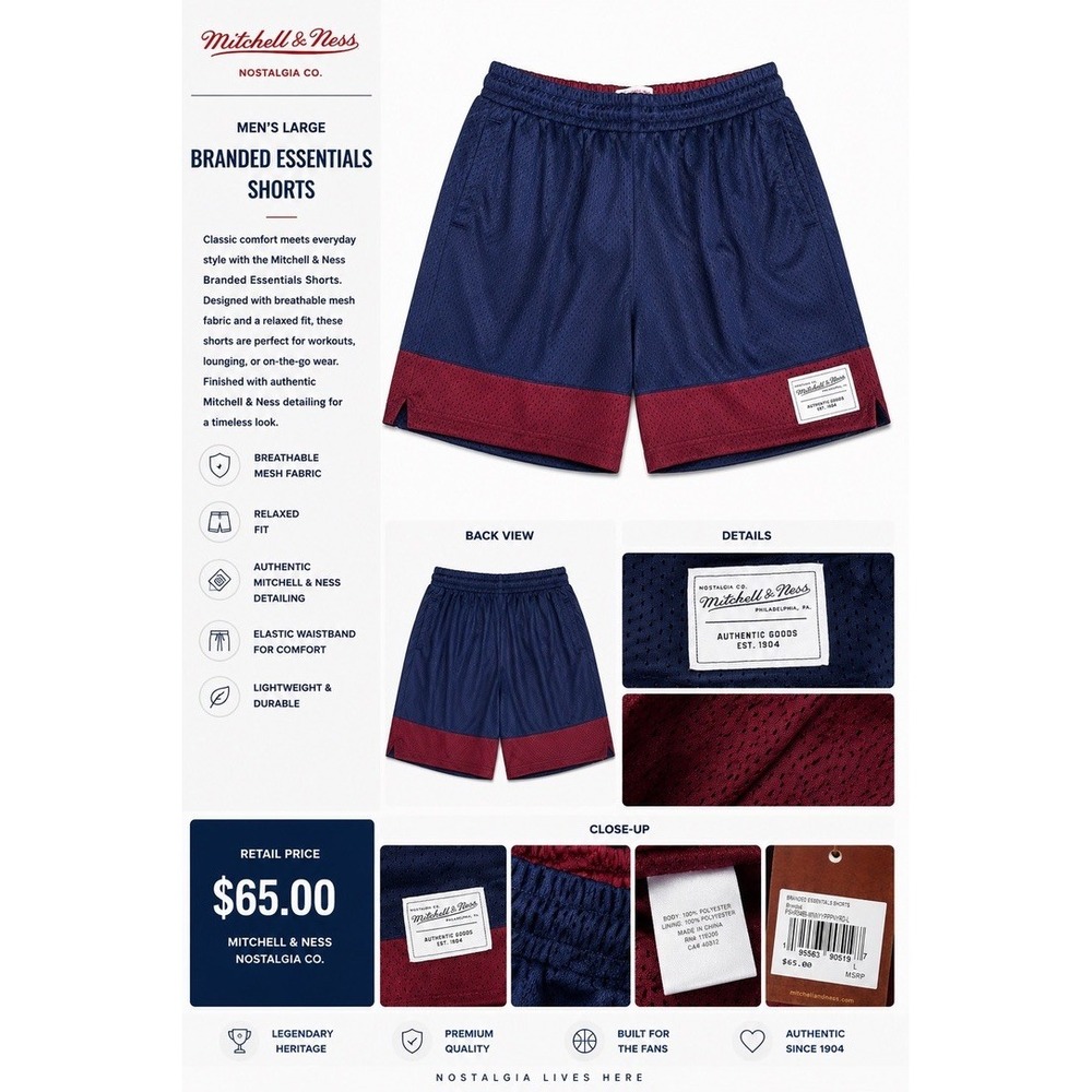 Mitchell & Ness Mens Shorts Large Navy Burgundy Branded Essentials Mesh PSHR3489
